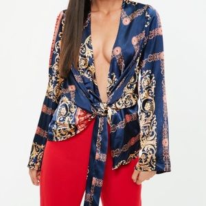Navy Scarf Print Satin Blouse